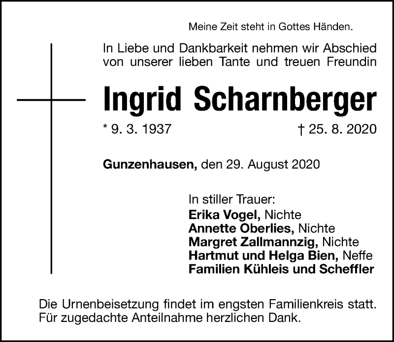  Traueranzeige für Ingrid Scharnberger vom 29.08.2020 aus Altmühl-Bote Lokal