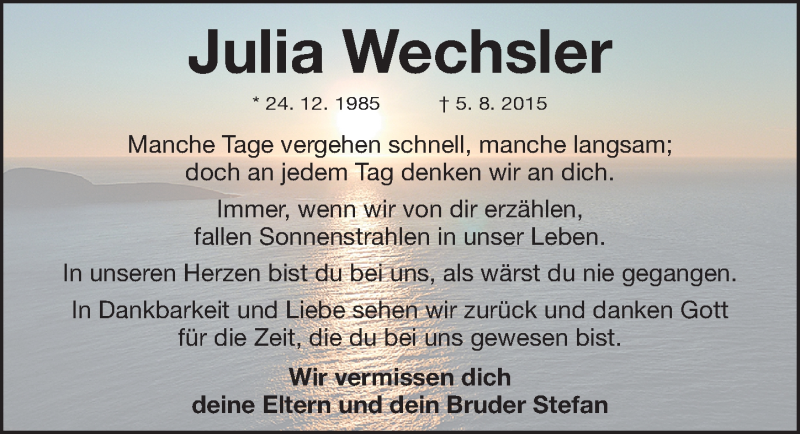  Traueranzeige für Julia Wechsler vom 05.08.2020 aus Roth-Hilpoltsteiner Volkszeitung Lokal
