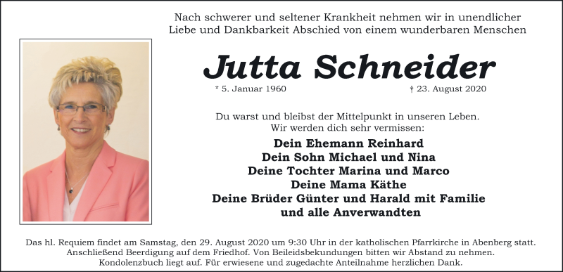  Traueranzeige für Jutta Schneider vom 27.08.2020 aus Schwabach