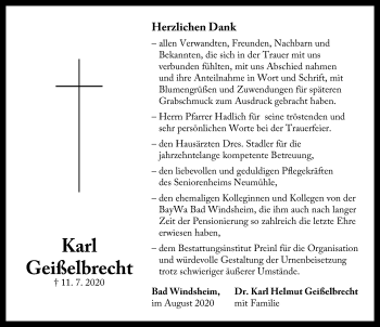 Traueranzeige von Karl Geißelbrecht von Windsheimer Zeitung Lokal