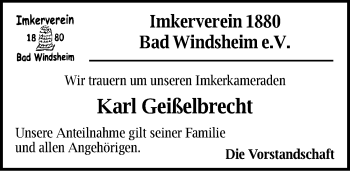 Traueranzeige von Karl Geißelbrecht von Windsheimer Zeitung Lokal