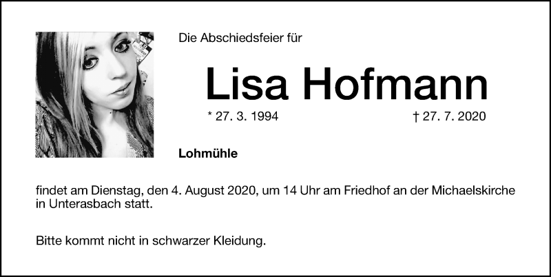  Traueranzeige für Lisa Hofmann vom 01.08.2020 aus Altmühl-Bote Lokal