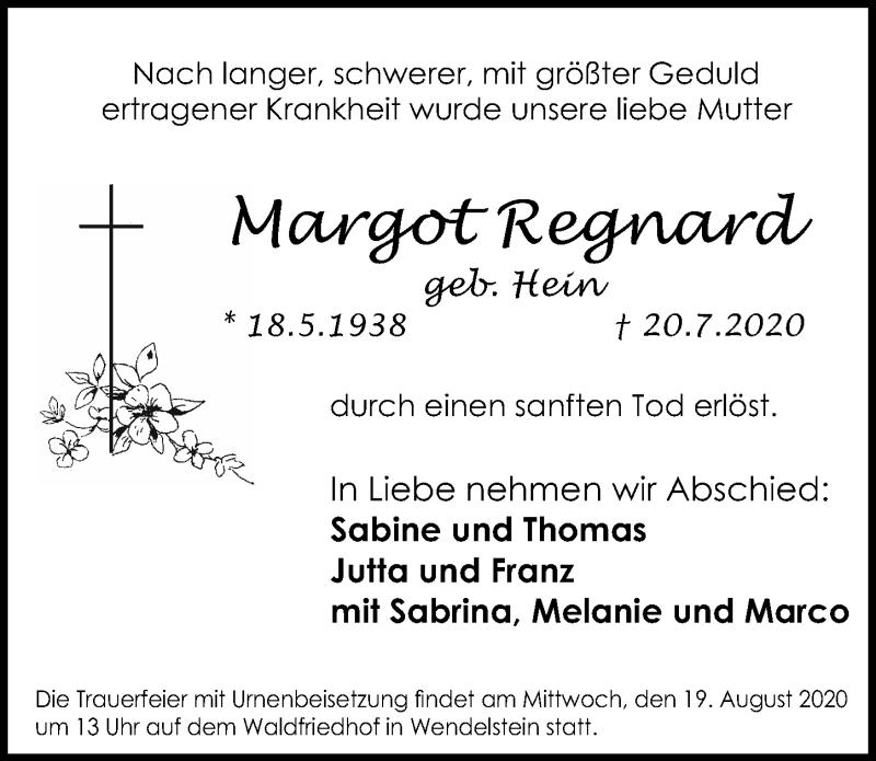  Traueranzeige für Margot Regnard vom 15.08.2020 aus Schwabach