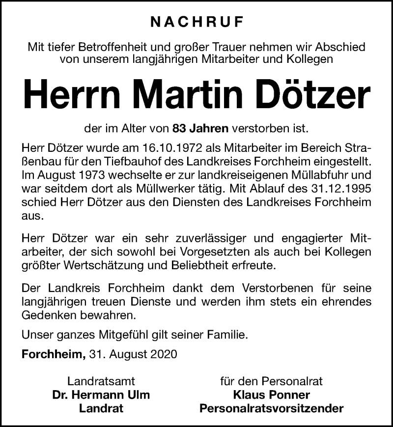  Traueranzeige für Martin Dötzer vom 01.09.2020 aus Nordbayerische Nachrichten Forchheim Lokal