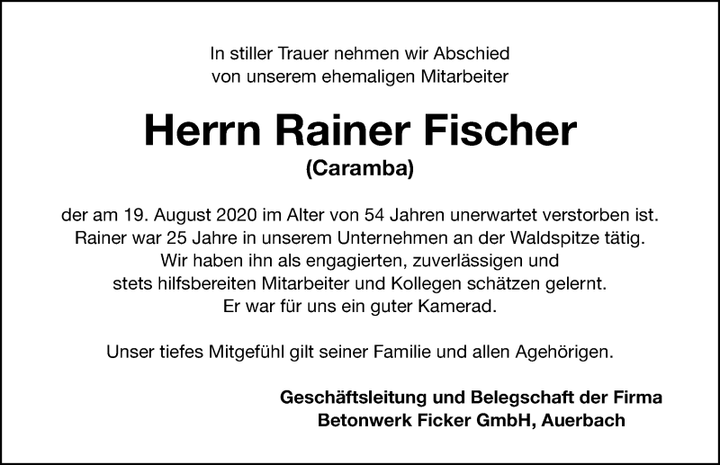  Traueranzeige für Rainer Fischer vom 01.09.2020 aus Nordbayerische Nachrichten Pegnitz Lokal