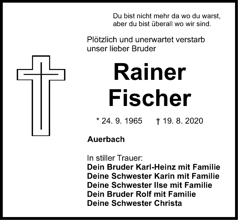  Traueranzeige für Rainer Fischer vom 29.08.2020 aus Nordbayerische Nachrichten Pegnitz Lokal