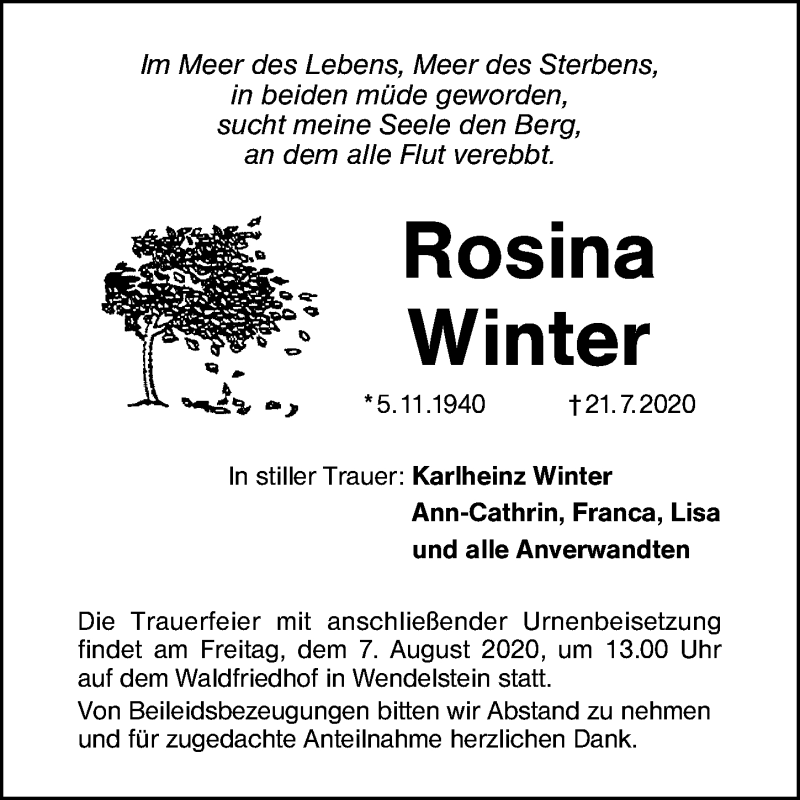  Traueranzeige für Rosina Winter vom 01.08.2020 aus Schwabach