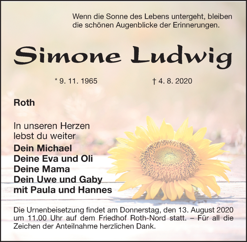  Traueranzeige für Simone Ludwig vom 08.08.2020 aus Roth-Hilpoltsteiner Volkszeitung Lokal