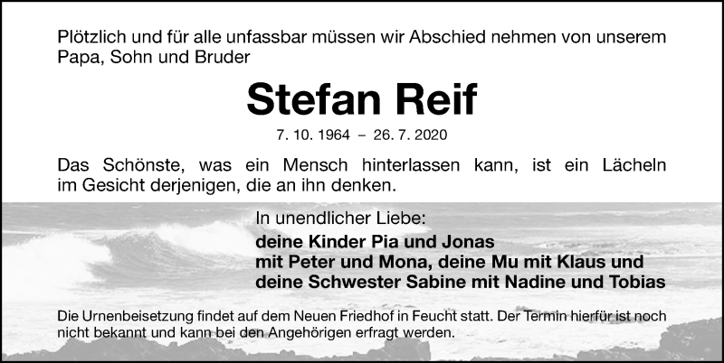  Traueranzeige für Stefan Reif vom 05.08.2020 aus Gesamtausgabe Nürnberger Nachrichten/ Nürnberger Ztg.