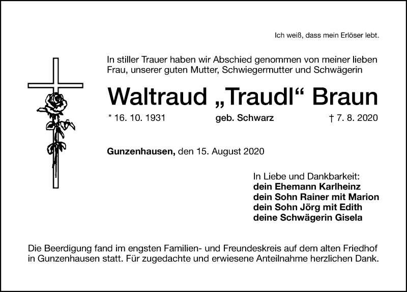  Traueranzeige für Waltraud Braun vom 15.08.2020 aus Altmühl-Bote Lokal