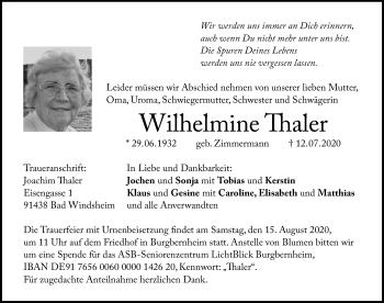 Traueranzeige von Wilhelmine Thaler von Windsheimer Zeitung Lokal