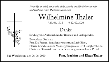 Traueranzeige von Wilhelmine Thaler von Windsheimer Zeitung Lokal