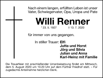 Traueranzeige von Willi Renner von Fürther Nachrichten Lokal