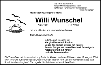Traueranzeige von Willi Wunschel von Roth-Hilpoltsteiner Volkszeitung Lokal