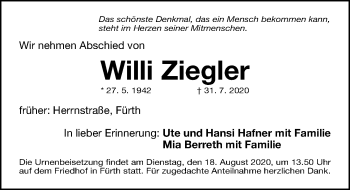Traueranzeige von Willi Ziegler von Fürther Nachrichten Lokal