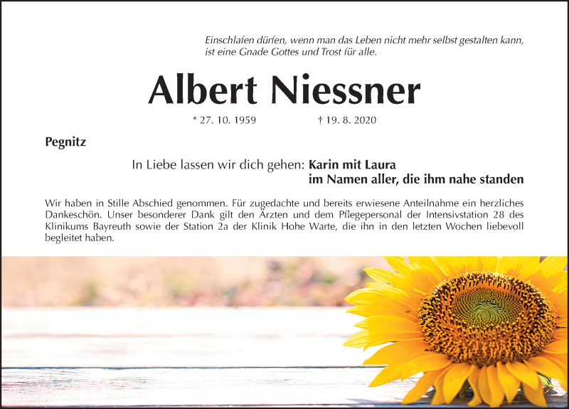  Traueranzeige für Albert Niessner vom 05.09.2020 aus Nordbayerische Nachrichten Pegnitz Lokal