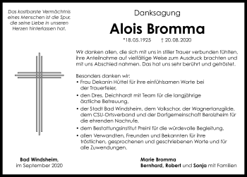 Traueranzeige von Alois Bromma von Windsheimer Zeitung Lokal