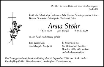 Traueranzeige von Anna Stöhr von Windsheimer Zeitung Lokal