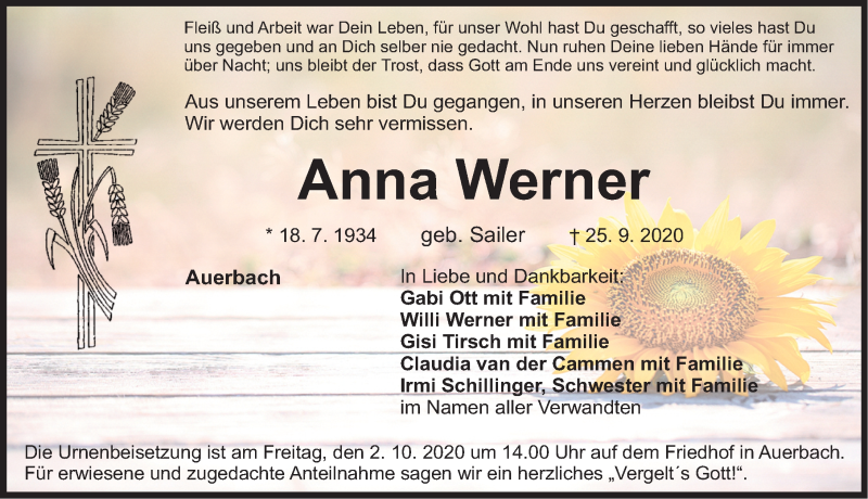  Traueranzeige für Anna Werner vom 28.09.2020 aus Nordbayerische Nachrichten Pegnitz Lokal
