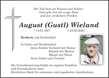 Traueranzeige von August Wieland von Roth-Hilpoltsteiner Volkszeitung Lokal