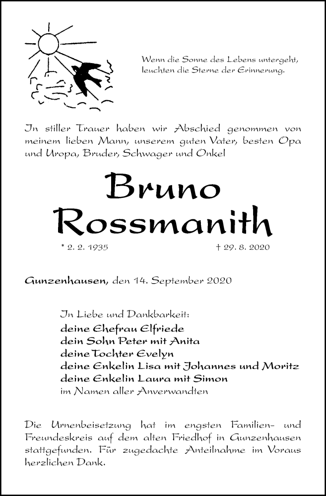  Traueranzeige für Bruno Rossmanith vom 14.09.2020 aus Altmühl-Bote Lokal