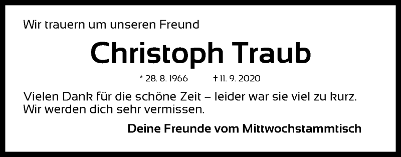  Traueranzeige für Christoph Traub vom 26.09.2020 aus Gesamtausgabe Nürnberger Nachrichten/ Nürnberger Ztg.