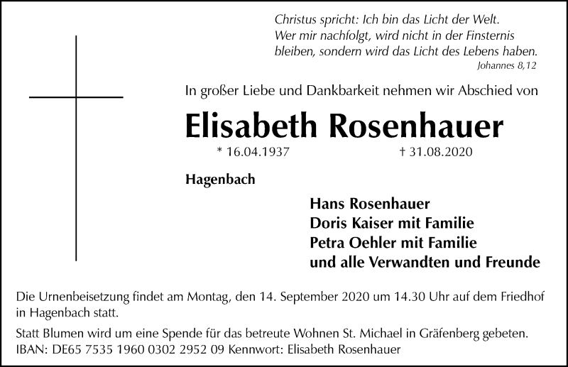 Traueranzeigen von Elisabeth Rosenhauer | trauer.nn.de