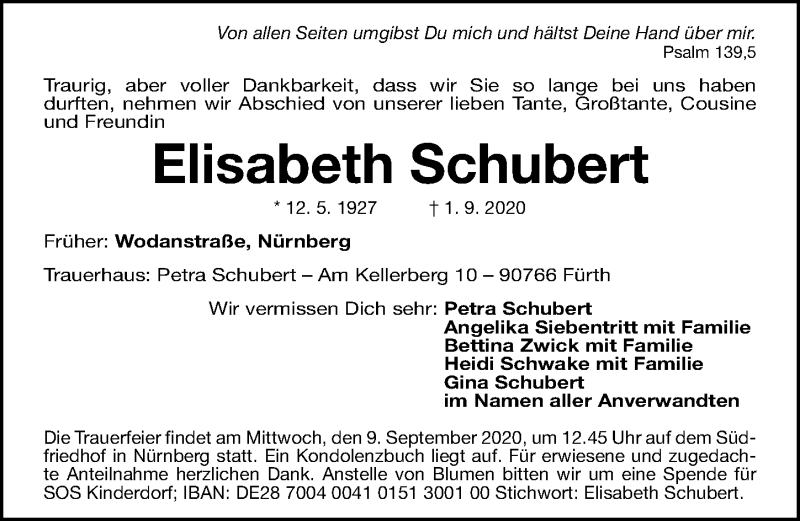 Traueranzeigen Von Elisabeth Schubert Trauer Nn De