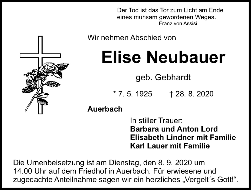  Traueranzeige für Elise Neubauer vom 05.09.2020 aus Nordbayerische Nachrichten Pegnitz Lokal
