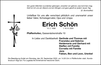 Traueranzeige von Erich Schön von Roth-Hilpoltsteiner Volkszeitung Lokal