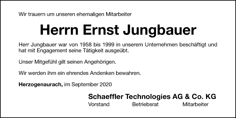  Traueranzeige für Ernst Jungbauer vom 30.09.2020 aus Nordbayerische Nachrichten Herzogenaurach Lokal