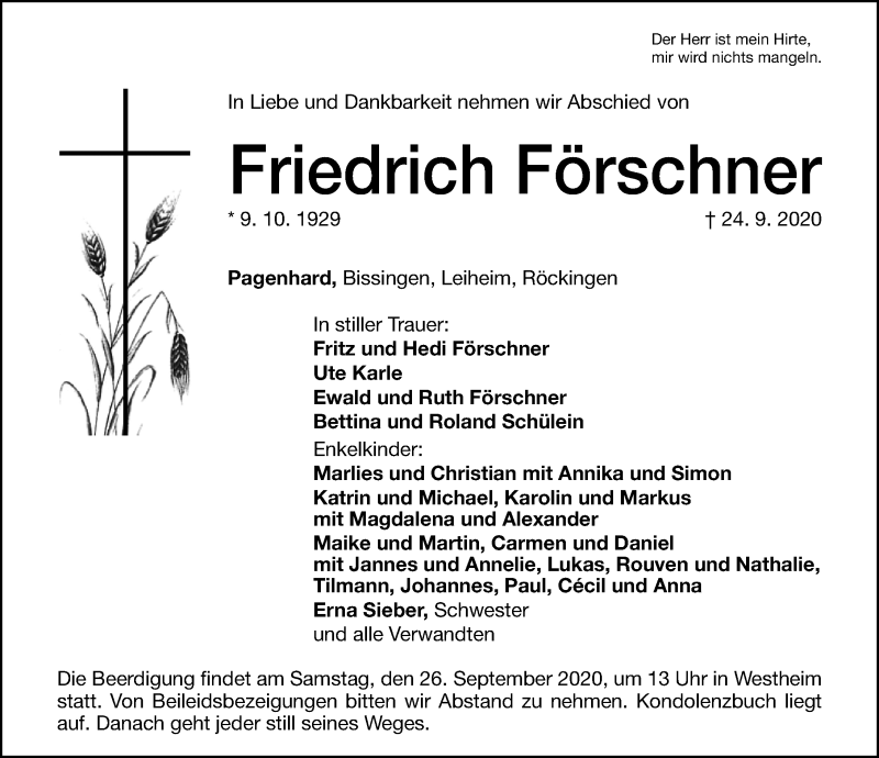  Traueranzeige für Friedrich Förschner vom 25.09.2020 aus Altmühl-Bote Lokal