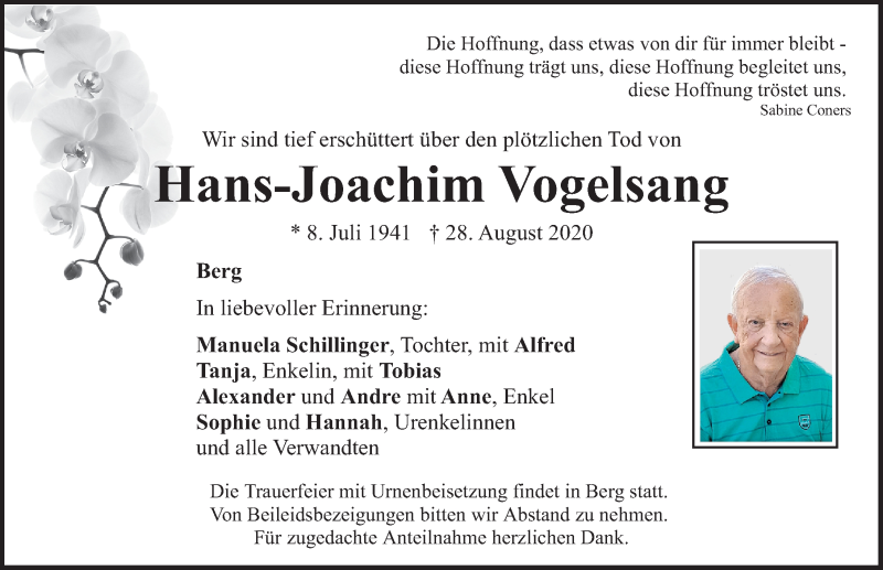  Traueranzeige für Hans-Joachim Vogelsang vom 23.09.2020 aus Neumarkter Nachrichten Lokal