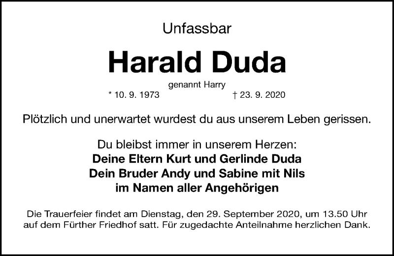  Traueranzeige für Harald Duda vom 26.09.2020 aus Fürther Nachrichten Lokal