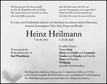 Traueranzeige von Heinz Heilmann von Windsheimer Zeitung Lokal