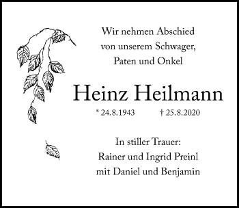 Traueranzeige von Heinz Heilmann von Windsheimer Zeitung Lokal