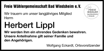 Traueranzeige von Herbert Lippl von Windsheimer Zeitung Lokal