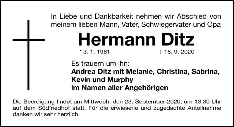  Traueranzeige für Hermann Ditz vom 21.09.2020 aus Gesamtausgabe Nürnberger Nachrichten/ Nürnberger Ztg.