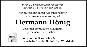 Traueranzeige von Hermann Hönig von Windsheimer Zeitung Lokal