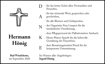 Traueranzeige von Hermann Hönig von Windsheimer Zeitung Lokal