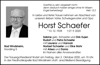 Traueranzeige von Horst Schaefer von Windsheimer Zeitung Lokal