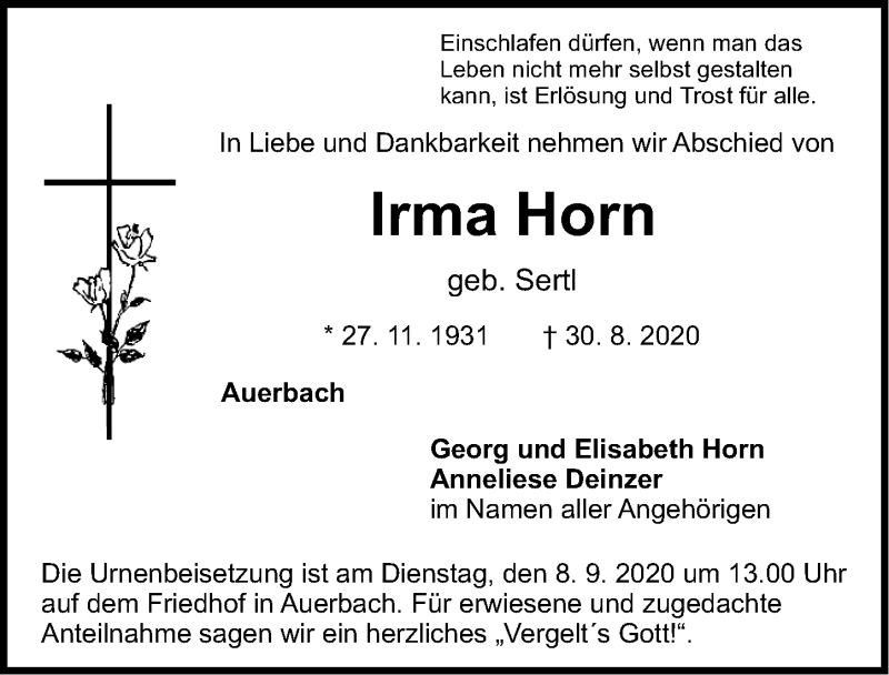  Traueranzeige für Irma Horn vom 05.09.2020 aus Nordbayerische Nachrichten Pegnitz Lokal