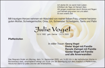 Traueranzeige von Julie Vogel von Roth-Hilpoltsteiner Volkszeitung Lokal