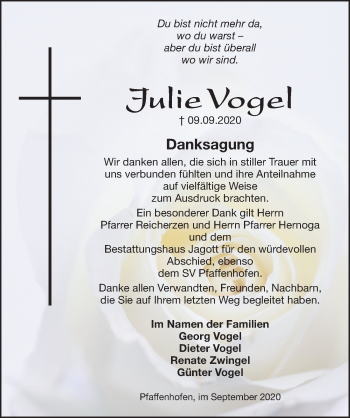 Traueranzeige von Julie Vogel von Roth-Hilpoltsteiner Volkszeitung Lokal