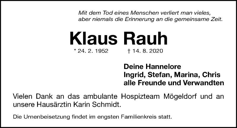  Traueranzeige für Klaus Rauh vom 12.09.2020 aus Gesamtausgabe Nürnberger Nachrichten/ Nürnberger Ztg.