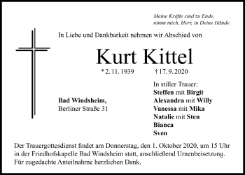 Traueranzeige von Kurt Kittel von Windsheimer Zeitung Lokal