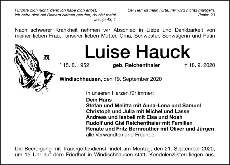  Traueranzeige für Luise Hauck vom 19.09.2020 aus Altmühl-Bote Lokal