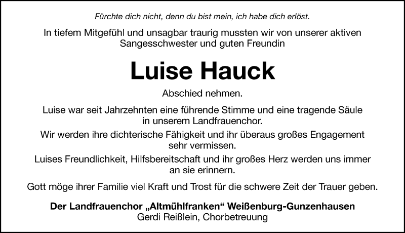  Traueranzeige für Luise Hauck vom 23.09.2020 aus Altmühl-Bote Lokal