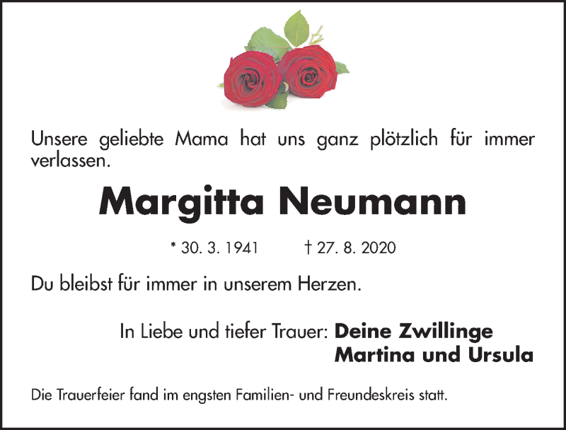  Traueranzeige für Margitta Neumann vom 05.09.2020 aus Gesamtausgabe Nürnberger Nachrichten/ Nürnberger Ztg.