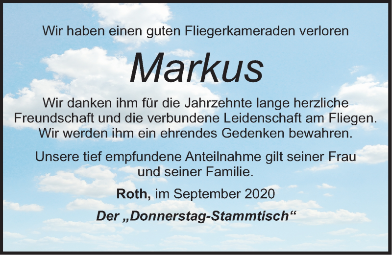 Traueranzeige für Markus  vom 28.09.2020 aus Roth-Hilpoltsteiner Volkszeitung Lokal
